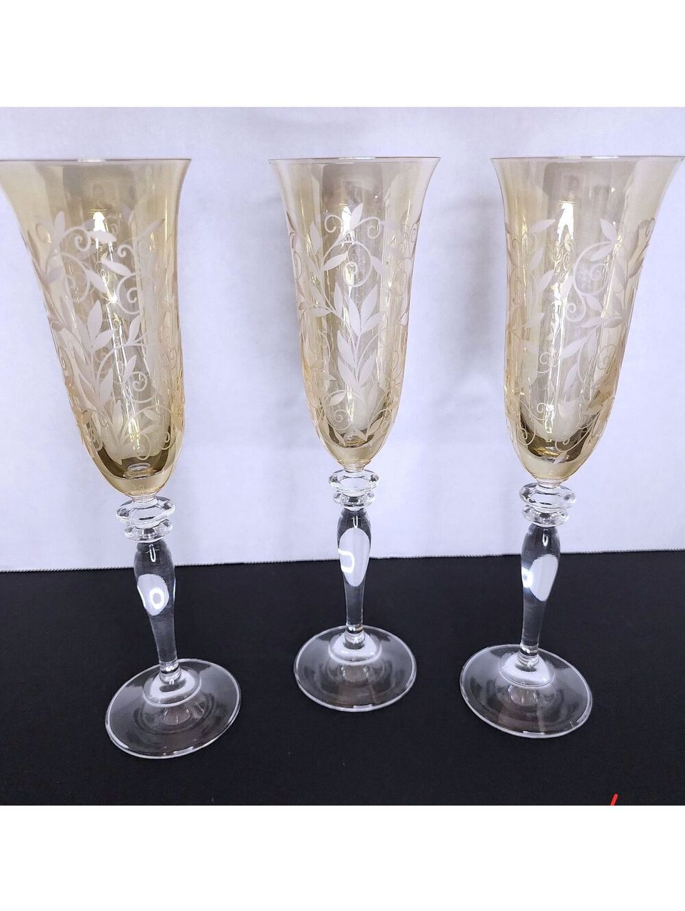 Venetian Amber by Rogaska champagne flutes amber-tinted glass - etched Vintage